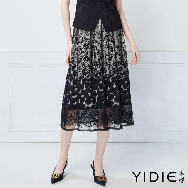 【YIDIE】浪漫玫瑰花蕾絲透紗長裙-黑
