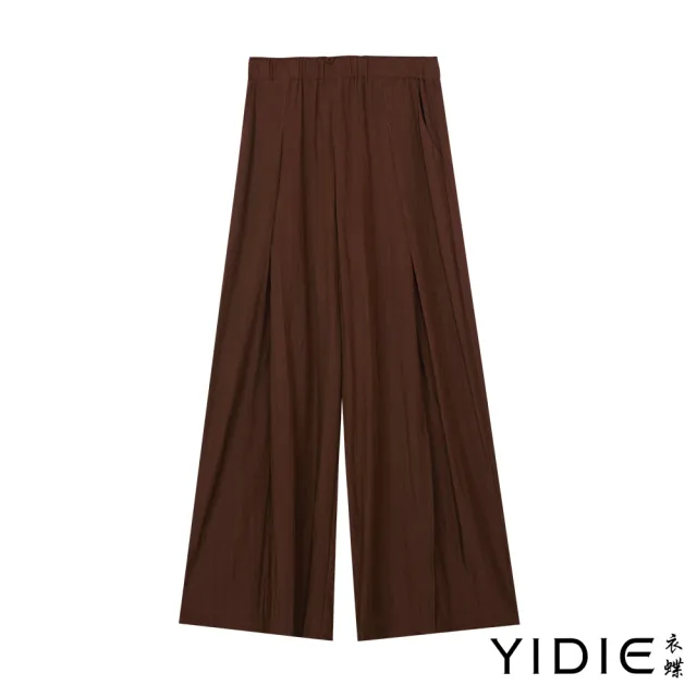 【YIDIE】鬆緊腰壓皺長寬褲-咖啡