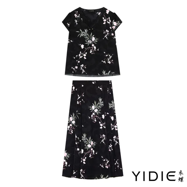【YIDIE】東方雅致櫻花竹葉印花V領盤扣拼接套裝-黑(上下身分開販售)