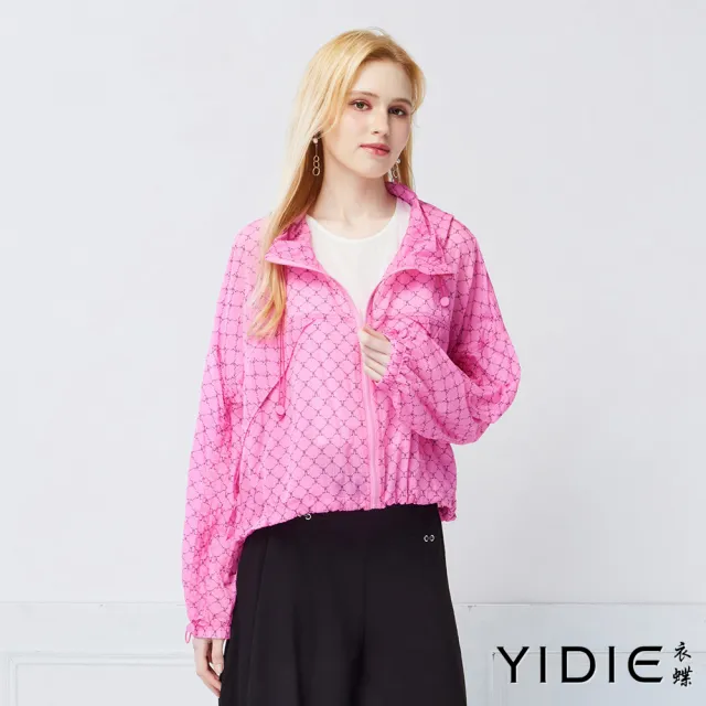【YIDIE】活力甜美幾何印花連帽防風外套-桃粉