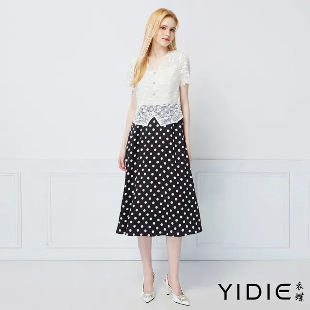 【YIDIE】假兩件式異材質拼接蕾絲長洋裝-黑