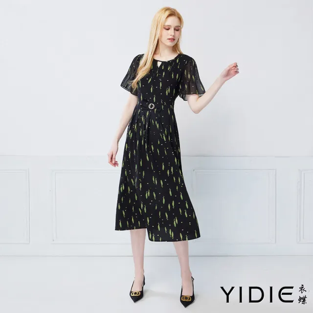 【YIDIE】優雅蝴蝶結碎花長洋裝-黑