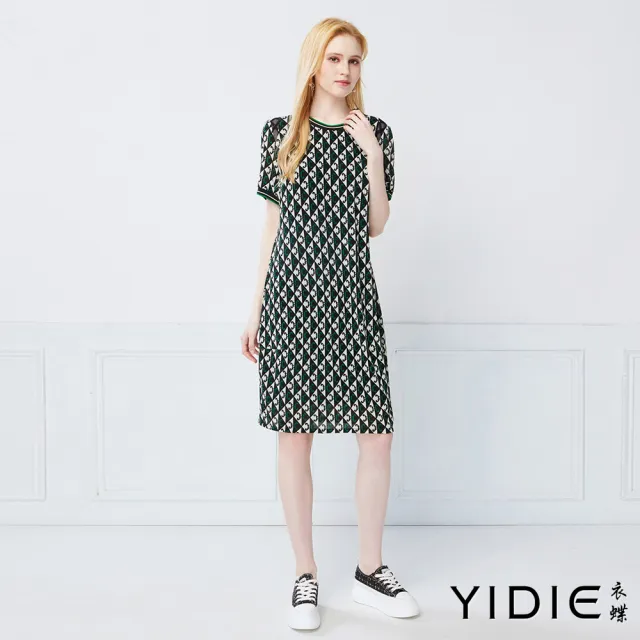 【YIDIE】摩登英倫菱格幾何印花織帶圓領洋裝-黑