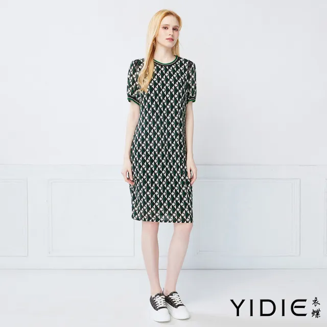 【YIDIE】摩登英倫菱格幾何印花織帶圓領洋裝-黑