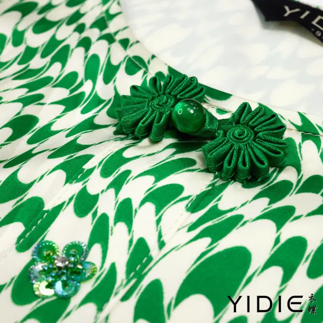【YIDIE】法式風情綠白交織抽象圖騰圓領長洋裝-淺綠