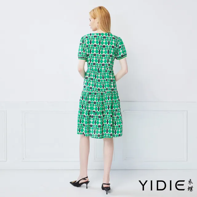 【YIDIE】復古摩登幾何拼接蕾絲大翻領洋裝-綠
