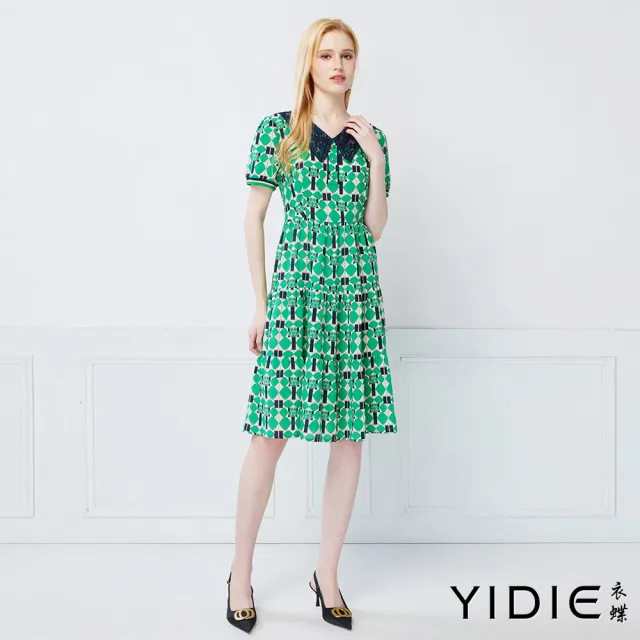 【YIDIE】復古摩登幾何拼接蕾絲大翻領洋裝-綠