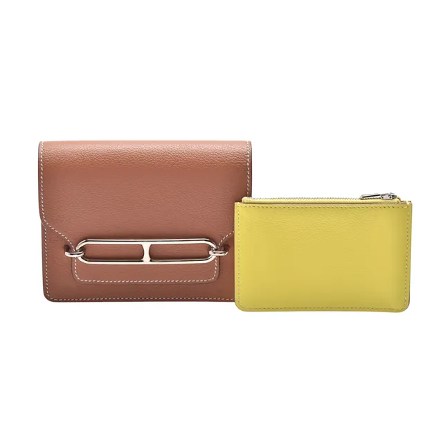 【Hermes 愛馬仕】經典Roulis Slim 系列 Evercolor牛皮豬鼻銀釦皮夾(焦糖色/萊姆黃)