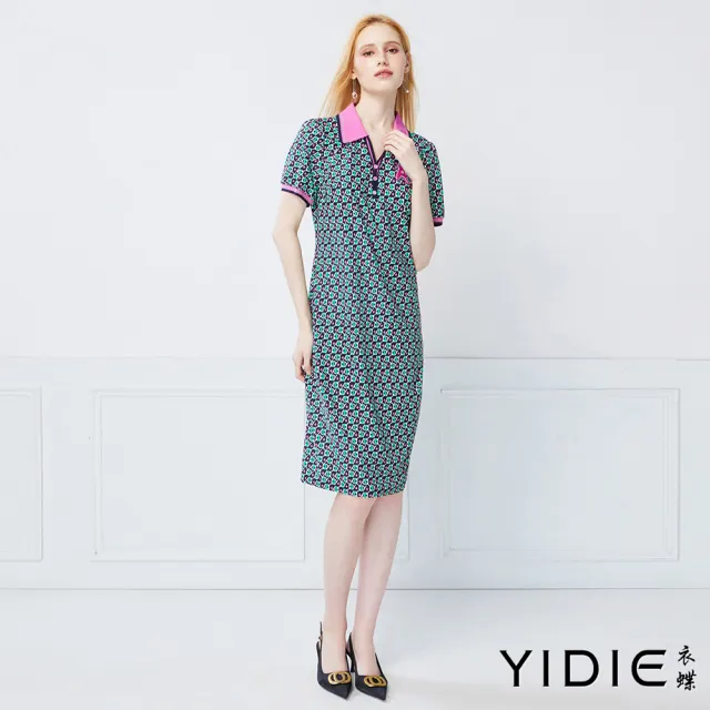 【YIDIE】幾何印花彈力長洋裝-綠