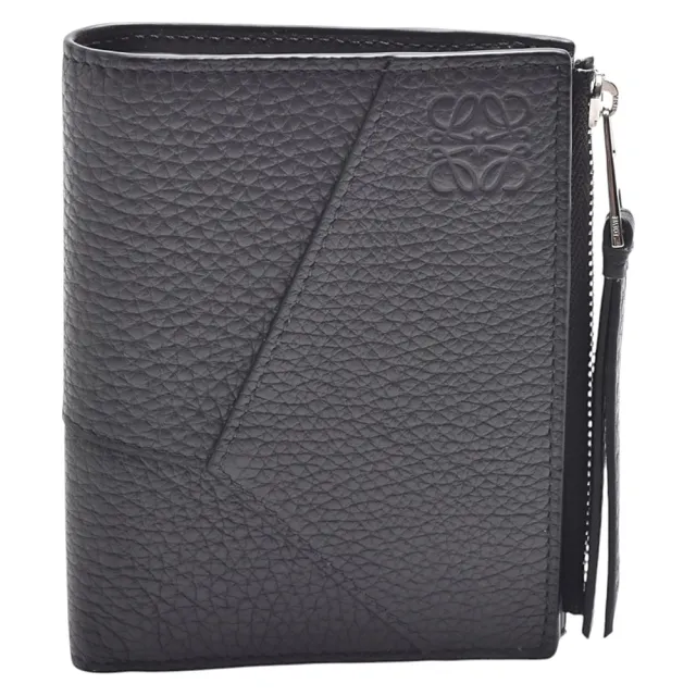 【LOEWE 羅威】經典PUZZLE系列粒紋牛皮幾何拼接拉鍊對折短夾(深灰色)