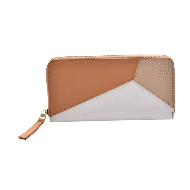 【LOEWE 羅威】經典PUZZLE系列牛皮三色幾何拼接拉鍊長夾(暖沙色拼接/白色)