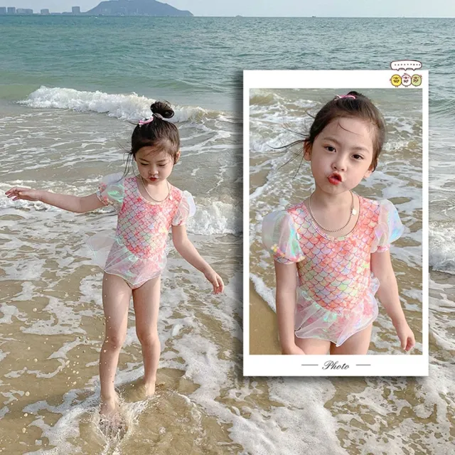 【橘魔法】彩虹流沙炫彩美人魚連身泳衣 附泳帽 女童 兒童 童裝 連體式 泳裝 玩水 游泳 海邊 戲水