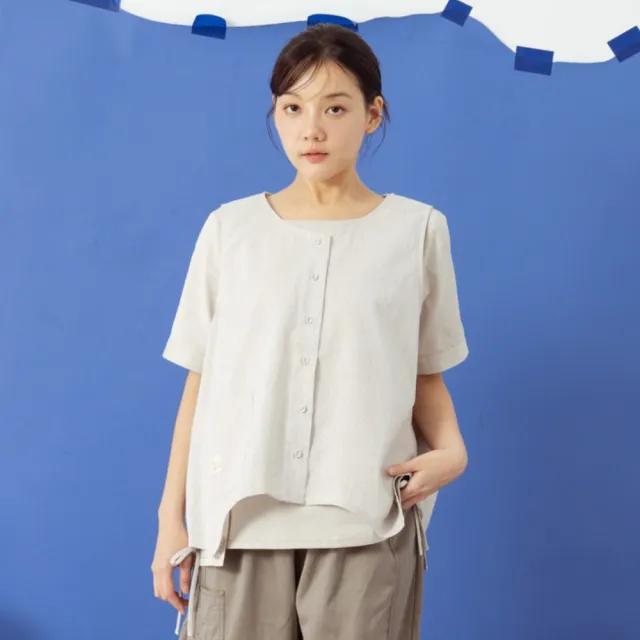 【MOSS CLUB】尖尖下襬造型棉麻格紋綁帶背心 黑 卡