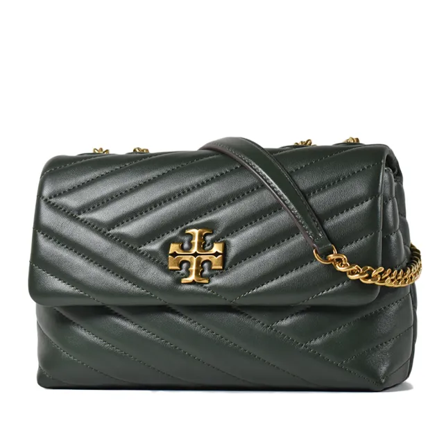 【TORY BURCH】專櫃款 KIRA 絎縫V字翻蓋肩背/斜背二用包-梧桐綠/小
