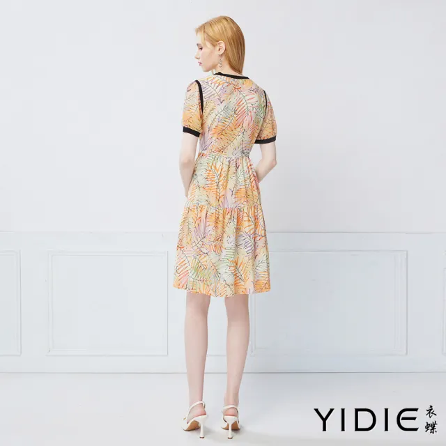 【YIDIE】熱帶氣息棕櫚葉印花圓領拼接連身洋裝-柑