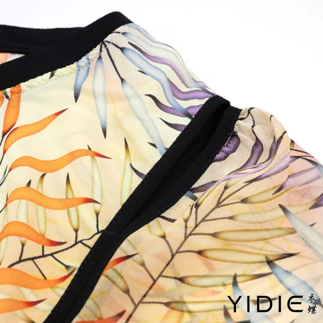 【YIDIE】熱帶氣息棕櫚葉印花圓領拼接連身洋裝-柑