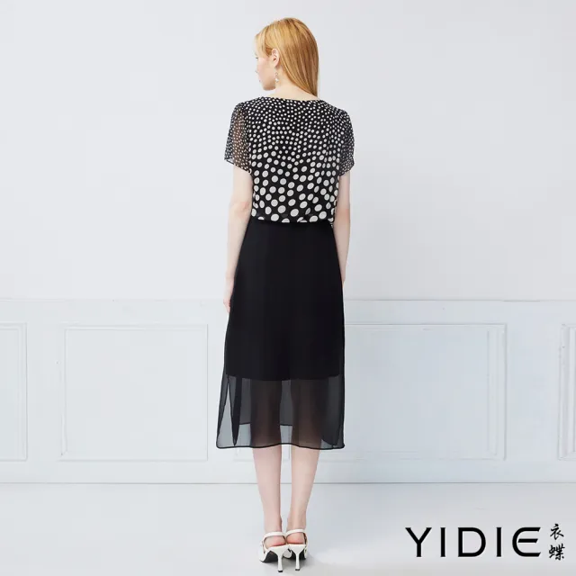 【YIDIE】復古點點拼接雪紡長洋裝-黑