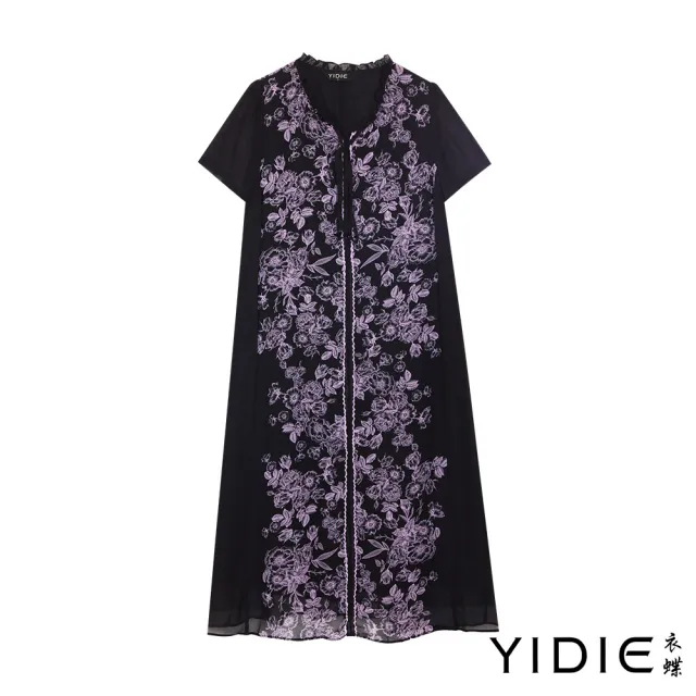 【YIDIE】典雅紫綻花卉印花V領剪接絲滑長洋裝-黑