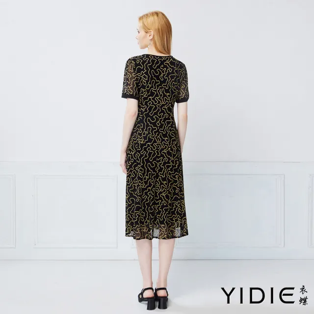 【YIDIE】華麗摩登金線抽象圖騰剪接長洋裝-黑
