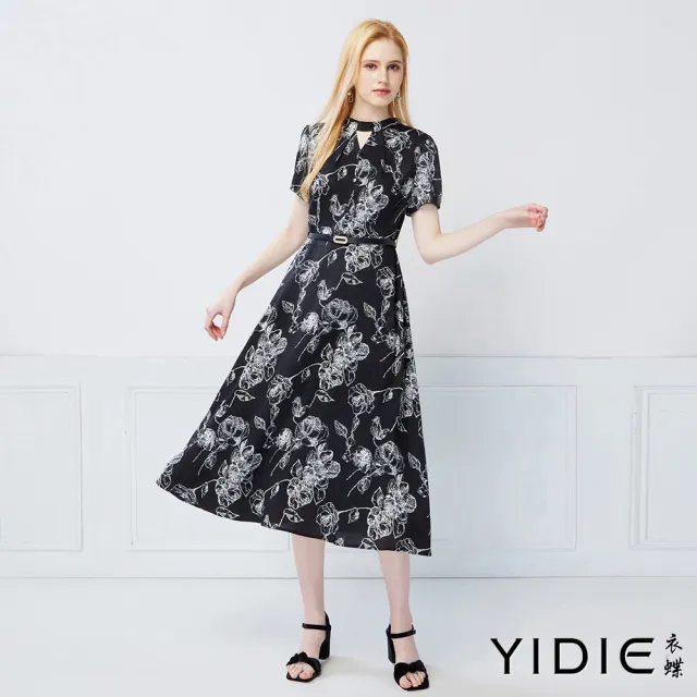 【YIDIE】法式浪漫玫瑰印花長洋裝-黑