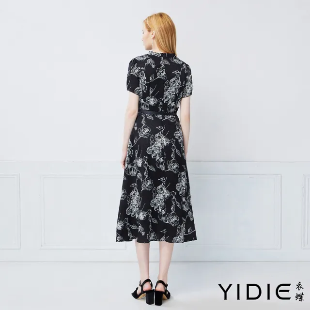 【YIDIE】法式浪漫玫瑰印花長洋裝-黑