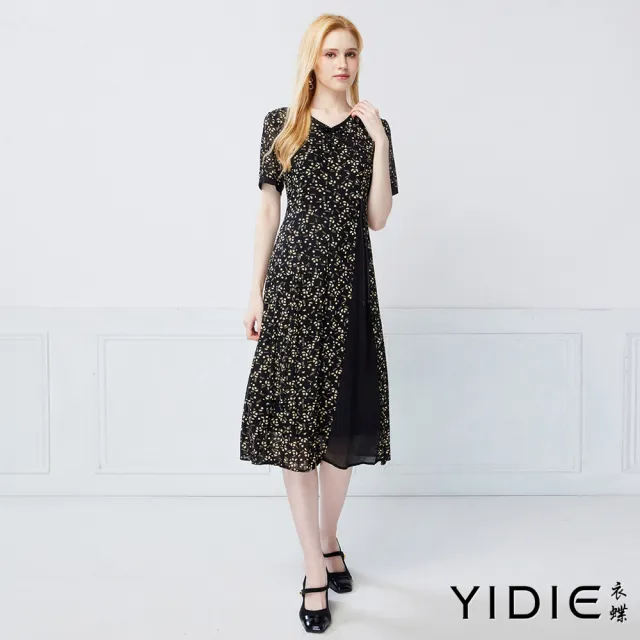 【YIDIE】優雅律動碎花繫帶V領剪接長洋裝-黑