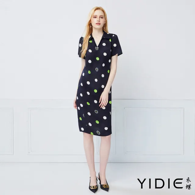 【YIDIE】撞色點點翻領長洋裝-黑