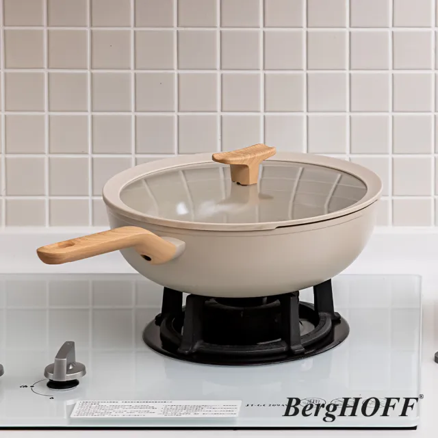 【THERMOS 膳魔師】BergHOFF貝高福Balance陶瓷塗層不沾鍋單柄含蓋炒鍋28cm(BHBL-28W-IV)(轉)