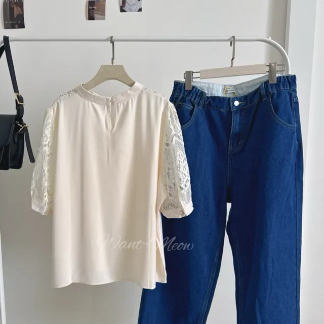 【Want-Meow】90公斤可穿/百搭日系透膚上拼接蕾絲圓領上衣大學T短袖T(大碼上衣/大碼/大尺碼/短袖上衣)
