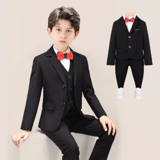 【橘魔法】黑色西裝外套＋西裝背心＋後鬆緊西裝長褲＋領結 4件組 套裝 男童 花童 童裝 兒童 畢業典禮 正裝
