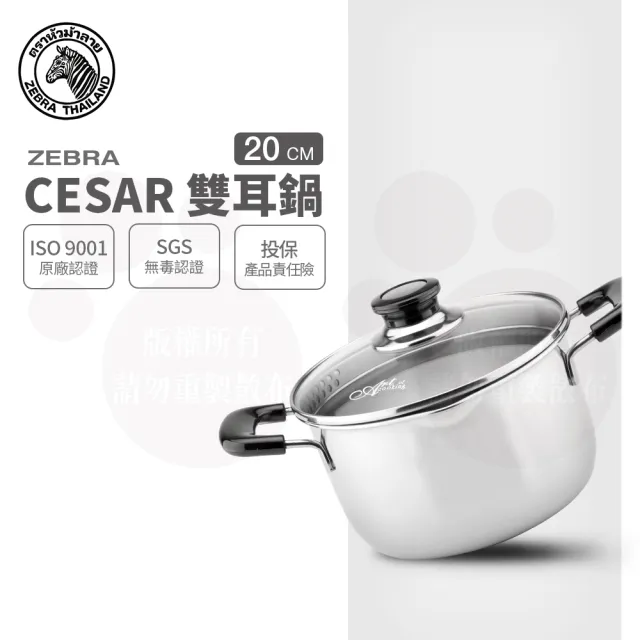 【ZEBRA 斑馬牌】304不鏽鋼Cesar雙耳湯鍋 20cm 3.5L(附瀝水玻璃蓋 雙耳鍋)