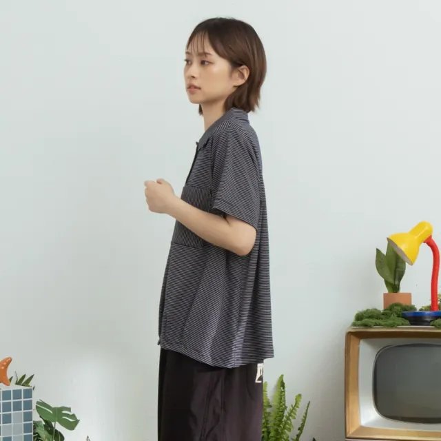 【MOSS CLUB】襯衫領開襟條紋上衣 藍 粉(魅力商品)