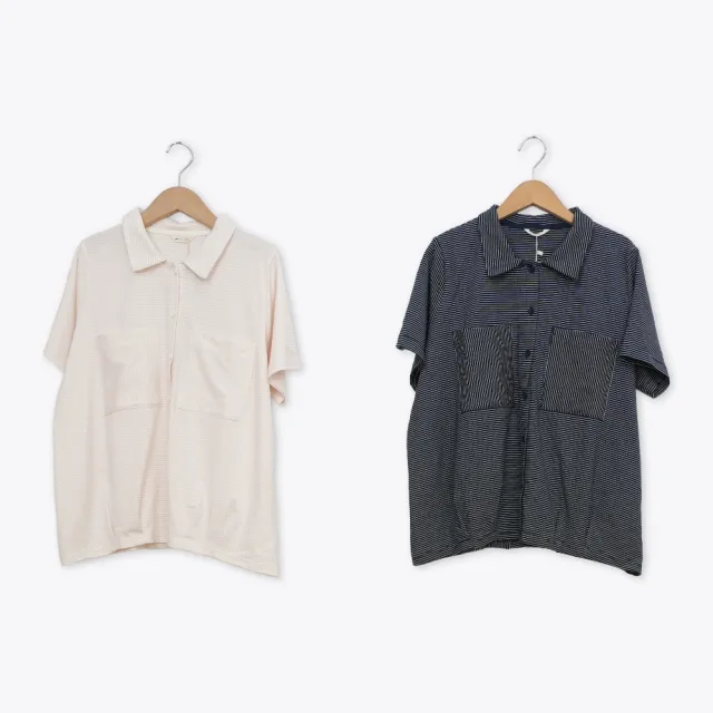 【MOSS CLUB】襯衫領開襟條紋上衣 藍 粉(魅力商品)