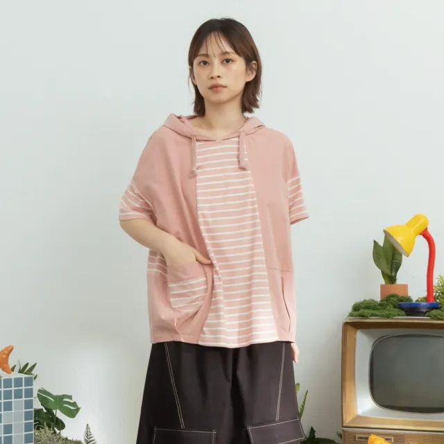 【MOSS CLUB】異材質條紋拼落肩短袖連帽T恤 黑 白 粉