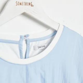 【SOMETHING】女裝 假兩件異素材短袖T恤(淡藍色)