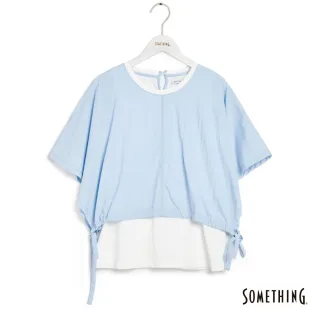 【SOMETHING】女裝 假兩件異素材短袖T恤(淡藍色)