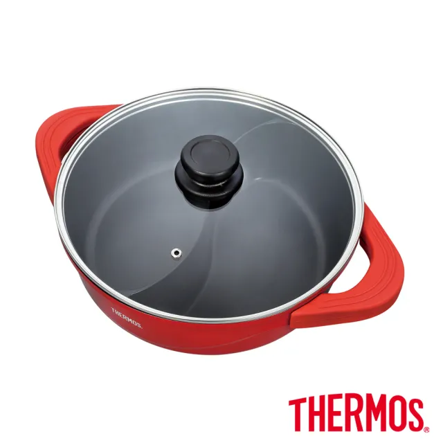 【THERMOS 膳魔師】巧易不沾鍋雙耳附蓋壓鑄鴛鴦火鍋二用鍋28cm(TFP-P28)