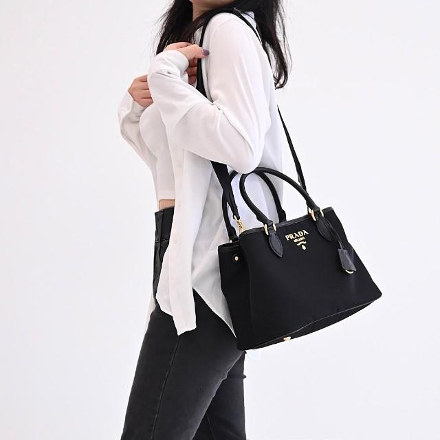 【PRADA 普拉達】經典LOGO鑰匙吊飾尼龍拼接寬背帶手提三層包兩用包(黑)