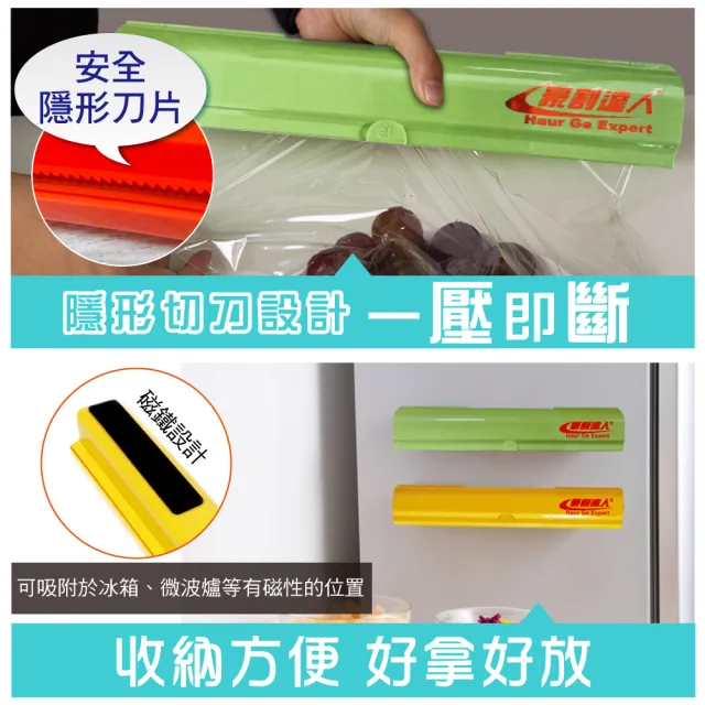 【豪割達人】特價3件組MIT專利保鮮膜切割盒器x1+保鮮膜x2(經典紅綠黃台灣製磁鐵吸 鋁箔紙烘焙紙 密封防蟲)