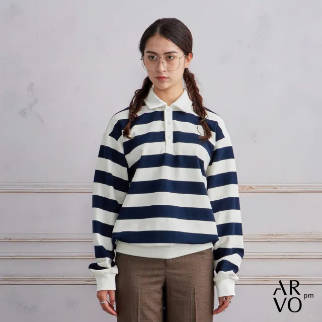 【ARVOpm】男女同款 ARVOpm藍白條紋寬版長袖polo衫-725213184011(限時6折)