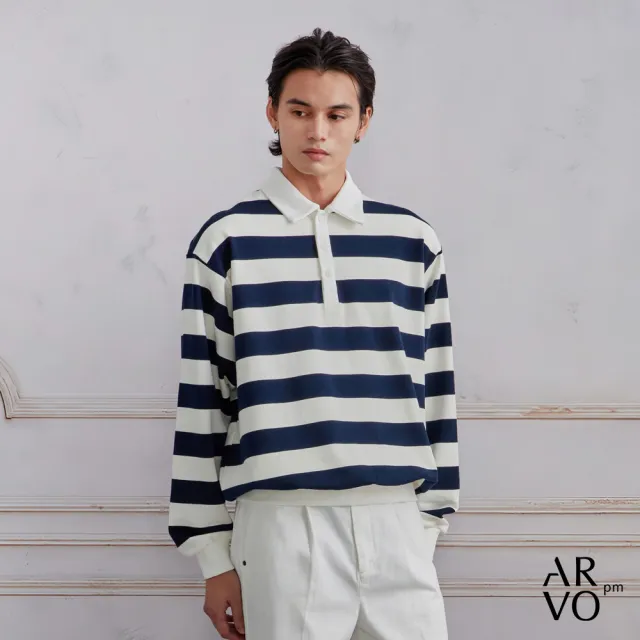 【ARVOpm】男女同款 ARVOpm藍白條紋寬版長袖polo衫-725213184011(限時6折)