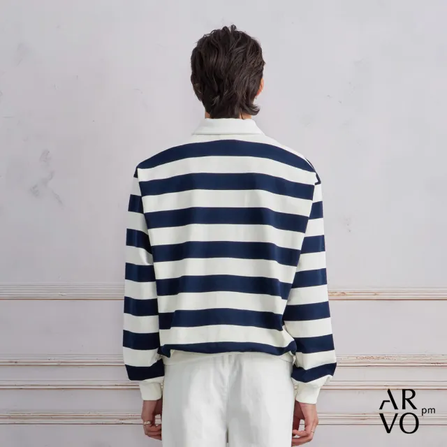 【ARVOpm】男女同款 ARVOpm藍白條紋寬版長袖polo衫-725213184011(限時6折)