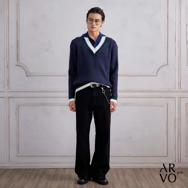 【ARVOpm】男女同款 波浪紋理寬版黑色牛仔褲-725213164012(限時6折)