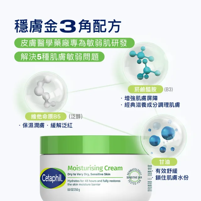 【Cetaphil 舒特膚】官方直營 長效潤膚霜 250gx2(臉部身體乳霜/敏感肌/保濕/B3/B5/乾燥粗糙)