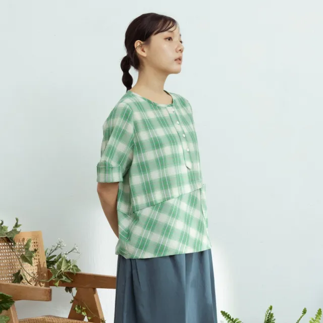 【MOSS CLUB】日本格子布半開襟剪接短袖上衣 綠 桔(魅力商品)