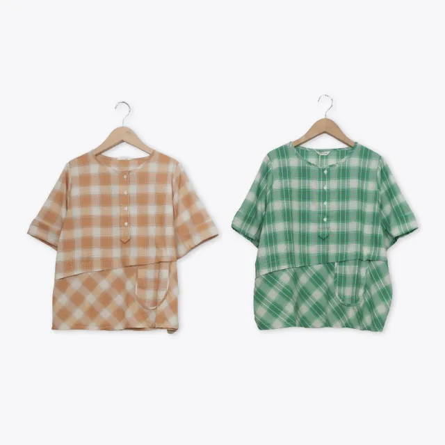 【MOSS CLUB】日本格子布半開襟剪接短袖上衣 綠 桔(魅力商品)