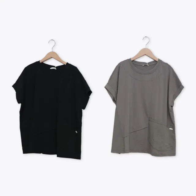 【MOSS CLUB】連袖同色配布拼接短袖上衣 黑 灰