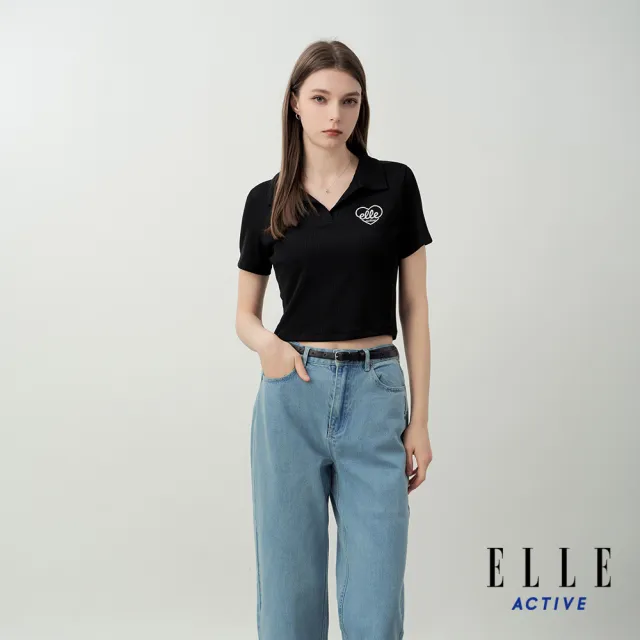 【ELLE ACTIVE】女款 愛心Logo刺繡短版短袖POLO衫-黑色(EA26S2W1105-99)