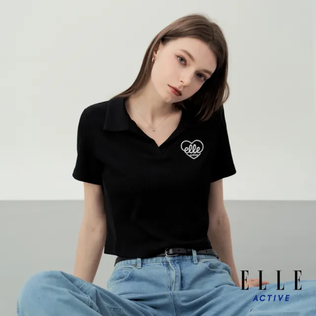 【ELLE ACTIVE】女款 愛心Logo刺繡短版短袖POLO衫-黑色(EA26S2W1105-99)