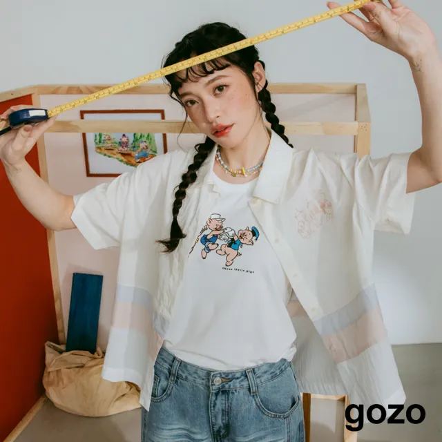 【gozo】迪士尼系列 三隻小豬繡花拼色抗皺短袖襯衫(米色/淺卡其)